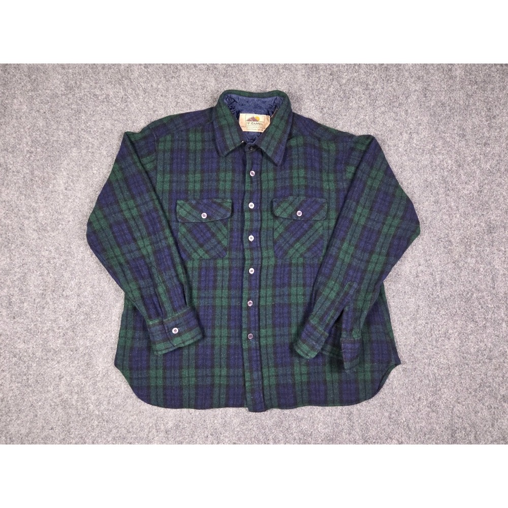 Camel Wool Blend Flannel Shirt Mens XL Green Blue Black Watch Plaid Button Down